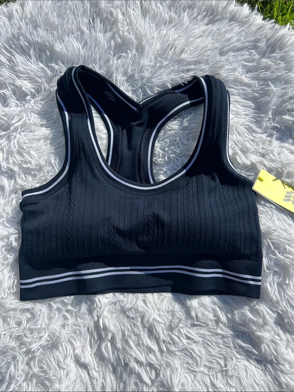 All in Motion Seamless Cable Knit Racerback Sports Bra Navy Blue & White Large